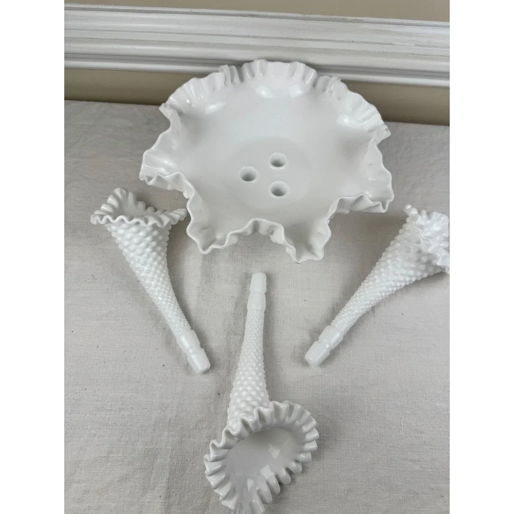 Fenton White Milk Glass Hobnail 3-Horn Epergne Ruffled Centerpiece Vase 4-Piece